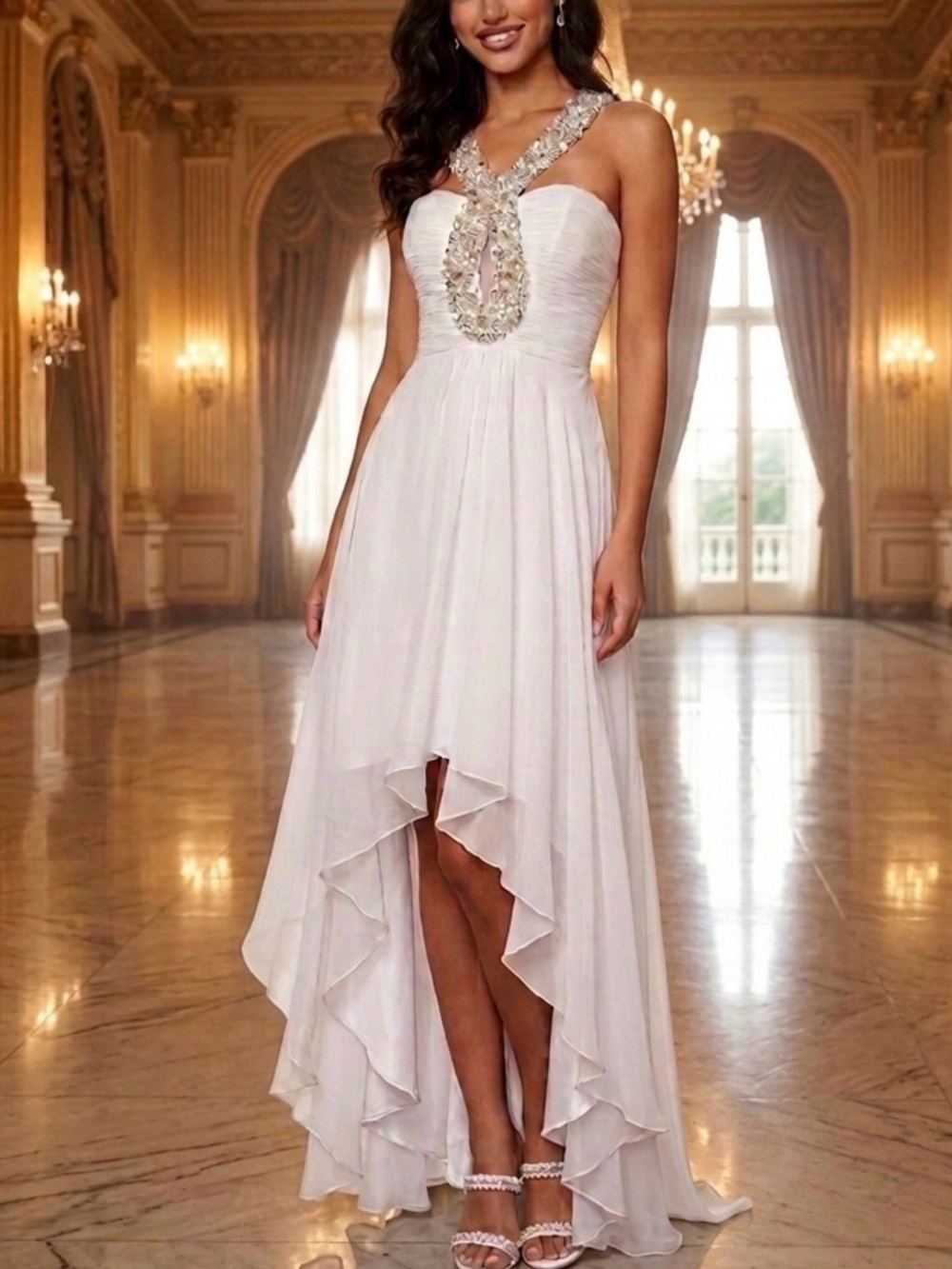 Sherri Hill Ivory Beaded High-Low Halter Dress size 4
